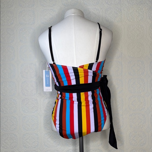 Cupshe | Multi Color Stripe Front Cross One Piece Swimsuit, Black Belt, NWT - Picture 9 of 11